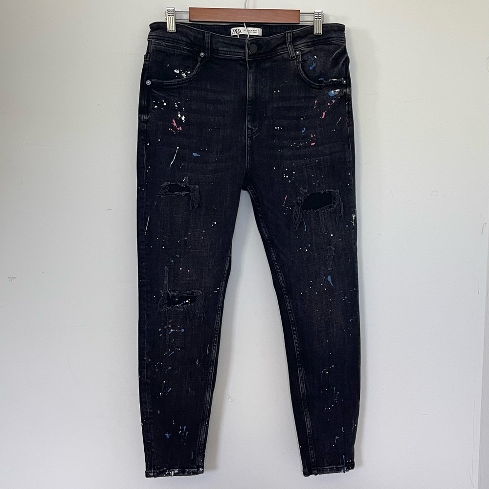 Zara Womens Splatter Paint Ripped Black Jeans Size 44